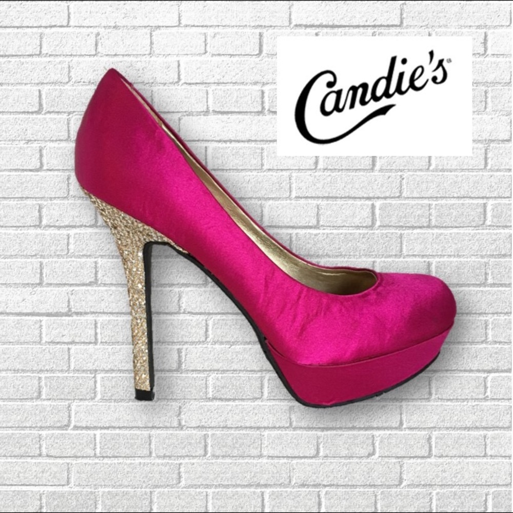 Candie’s Stelettos Hot Pink Satin Gold Sparkles